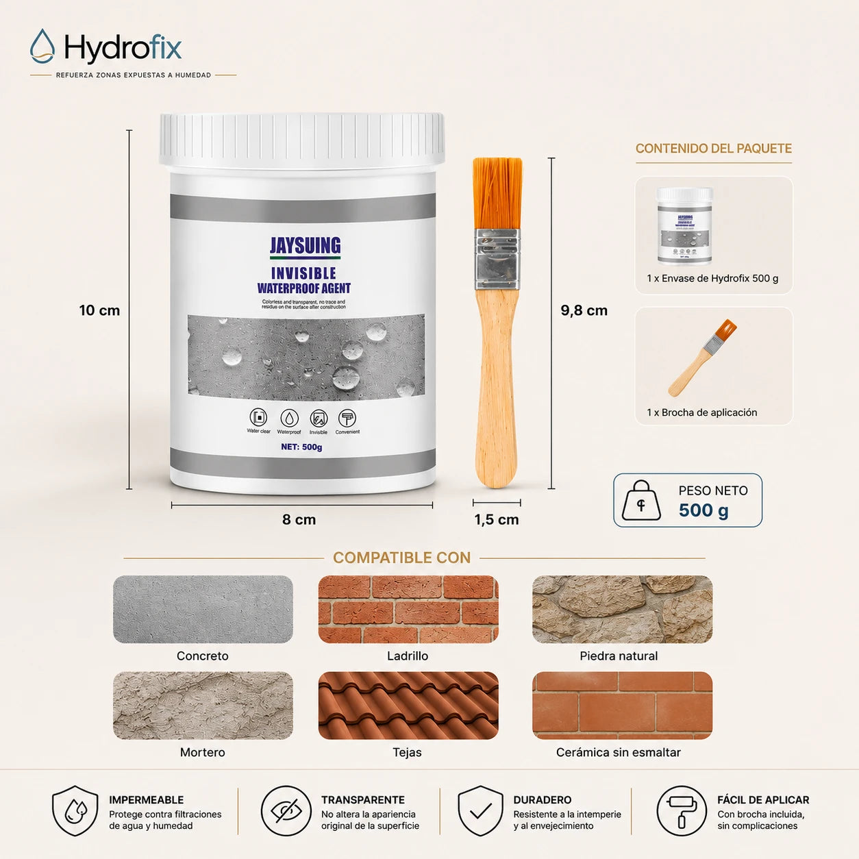 Hydrofix - Refuerza zonas expuestas a humedad - Sellador Impermeable 500g + Brocha