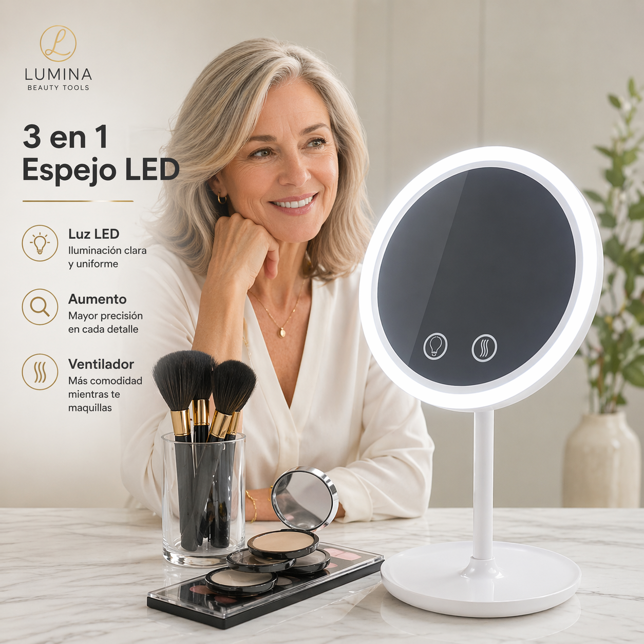 Espejo Led 3 en 1 C/Aumento y Ventilador