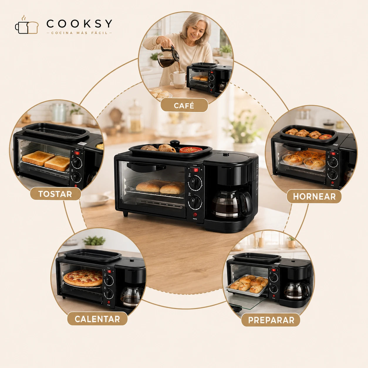 Cooksy – Cocina Más Fácil 3 en 1 - Horno, Cafetera y Tostador