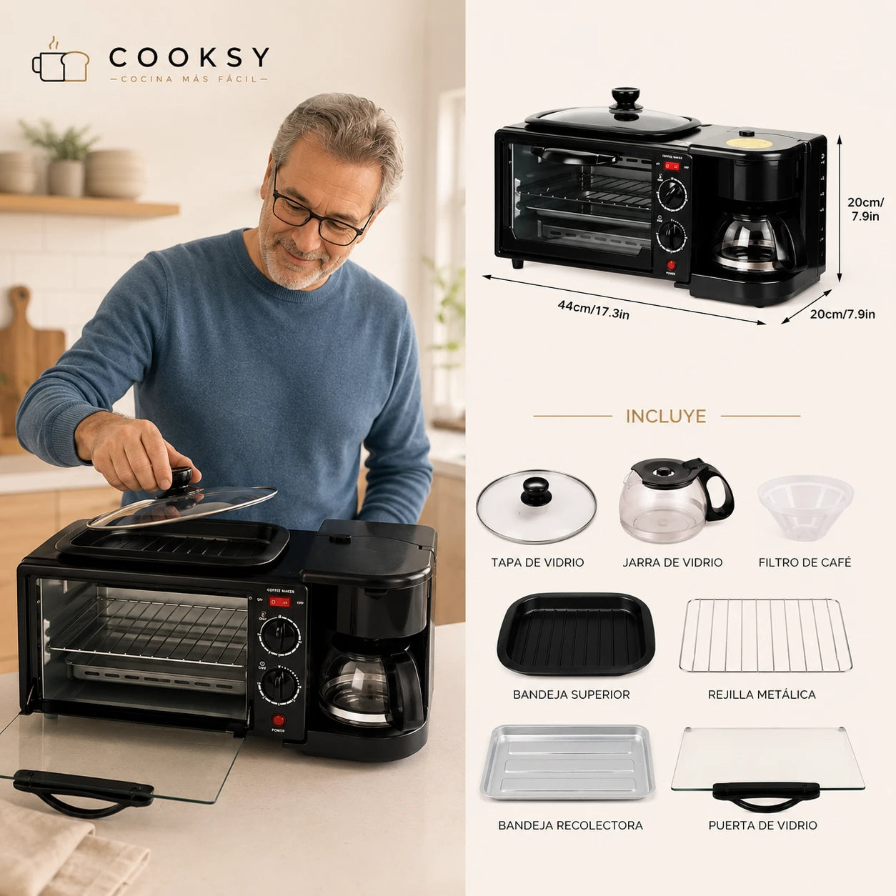 Cooksy – Cocina Más Fácil 3 en 1 - Horno, Cafetera y Tostador