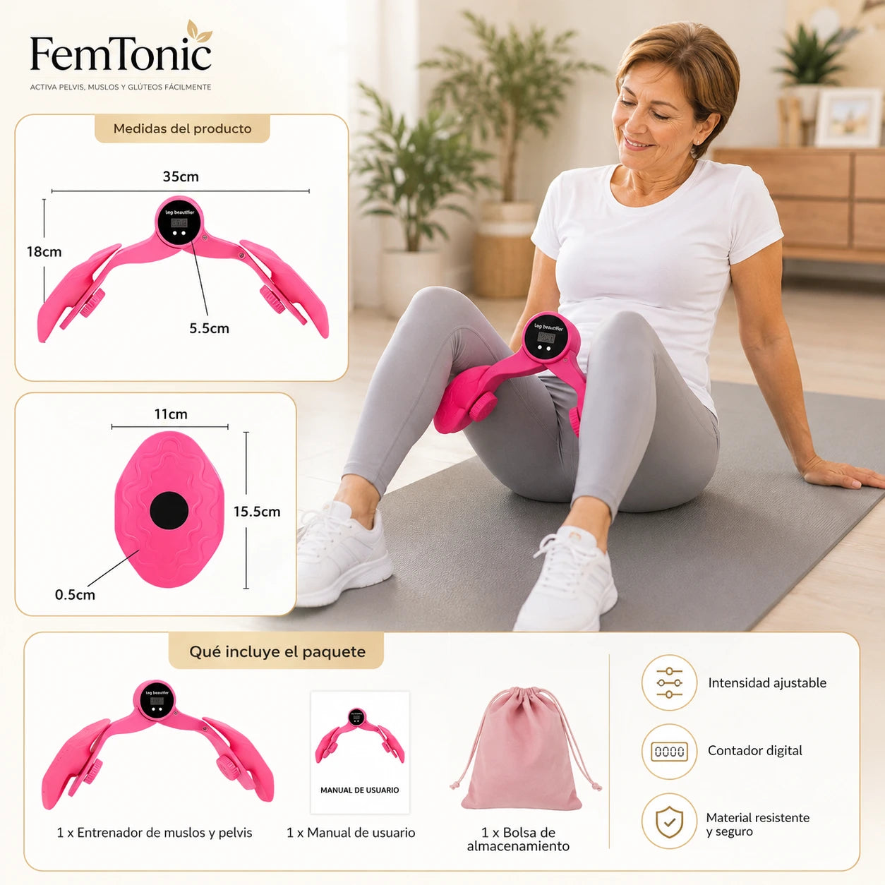 FemTonic - Activa pelvis, muslos y glúteos fácilmente - Entrenador pélvico 3 niveles