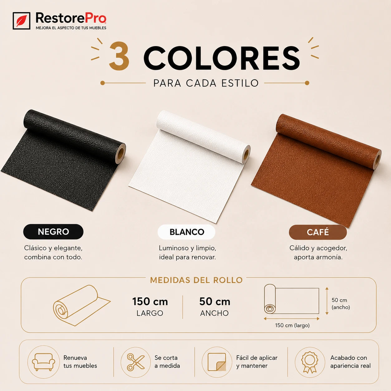 RestorePro - Mejora el aspecto de tus muebles - Ecocuero adhesivo de 150×50 cm